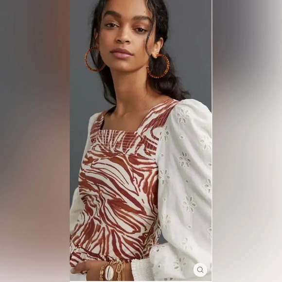 LOVE THE LABEL ANTHROPOLOGIE LOVE THE LABEL SMOCKED EYELET PUFF SLEEVE BLOUSE - Picture 2 of 12